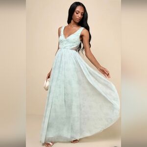 Blissful Poise Sage Green Floral Mesh Pleated Cutout Maxi Dress Medium